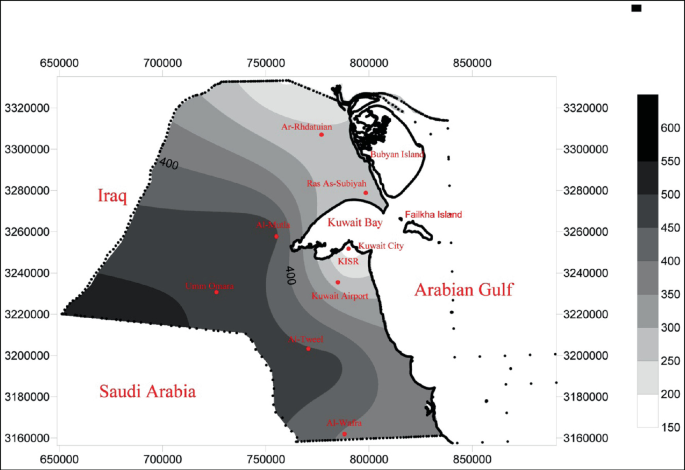 A contour map of annual sand drifts potential by wind depicts wind speeds. The western Kuwait has the highest concentration.