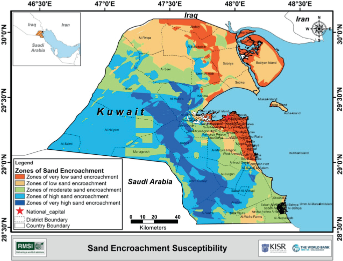 The topography of sand encroachment susceptibility in Kuwait labels different zones of encroachment: very low, low, high, and very high, and the star means the national capital.