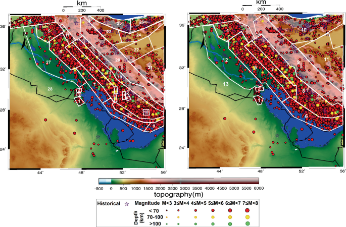 A set of two graphs of earthquake hazard calculation for the Kuwait region. A encircles 28 regions of earthquake zones. B encircles 13 regional earthquake zones in Kuwait.