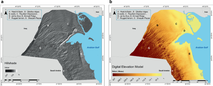 A set of two maps of significant hydro morphologic features: A is a hill shade map and B is a digital elevation model with seven hydro morphologic features.
