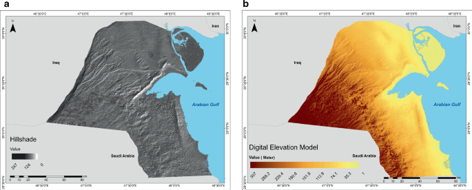 A set of two maps of Kuwait: A is a hilly terrain as the lowest value indicates hill shade and B is a digital elevation model of Kuwait.