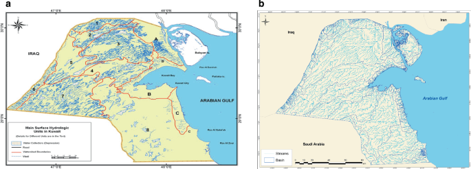 A set of two maps: A illustrates drainage basins in Kuwait mentioned in letters, numbers, and labels, and B depicts drainage basins in Kuwait as 2018 with streams and basins.