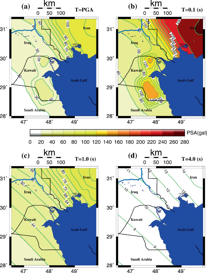 4 color-contoured maps of seismic hazards in Kuwait. The maps are plotted by 4 values of T: P G A, 0.1 seconds, 1.0 seconds, and 4.0 seconds for 475 years. Map b has the highest concentration.