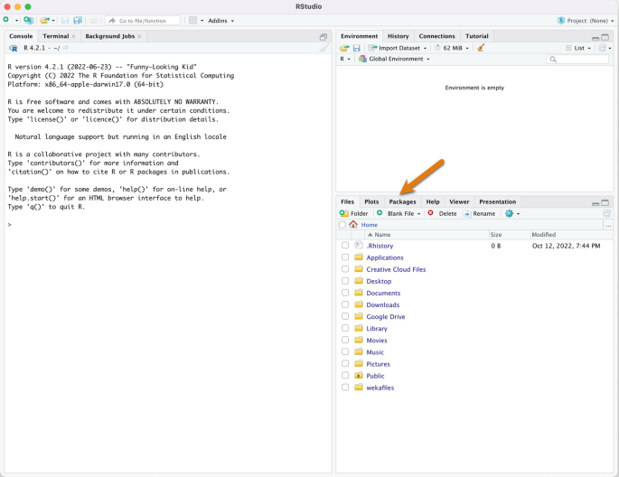 A screenshot of the RStudio window has a set of commands under the console tab on the left and an arrow point to the package on the right.