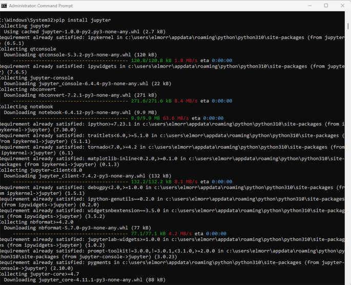 A snapshot of the command prompter window with a set of commands for the installation of Jupyter.