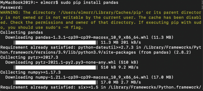 A snapshot of the command prompt window exhibits a warning message and set of commands for the installation of the matplotlib package.