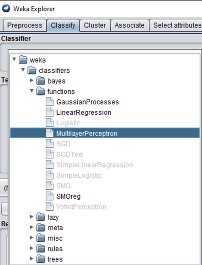 A screenshot of the Weka explorer. A file named multilayer perceptron is selected under functions, Bayes, classifiers, and Weka folder.