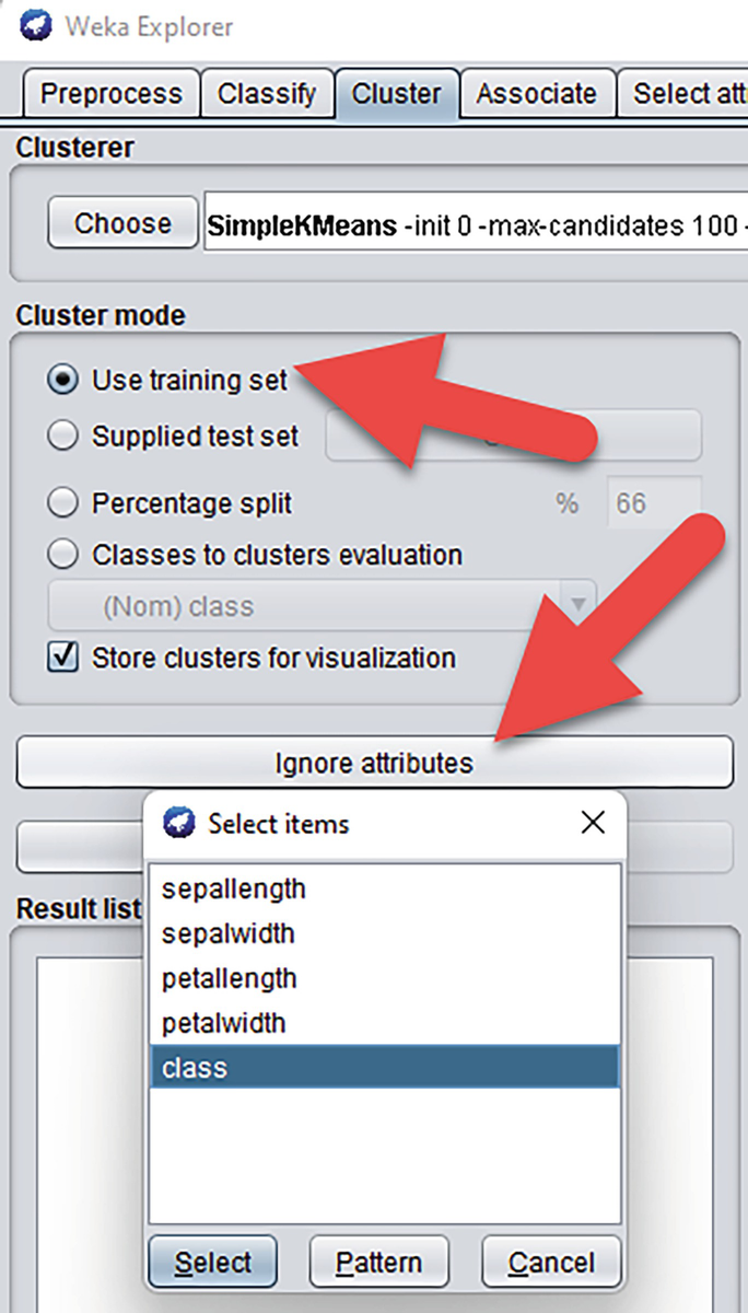 A screenshot of the Weka Explorer window. The cluster tab is selected at the top. It has a section clusterer, cluster mode, and result list. Arrows point to use training set and ignore attributes.