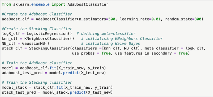 An algorithm to build a stack model and AdaBoost. The algorithm has codes for the following: create the AdaBoost classifier, create the staking classifier, and so on.