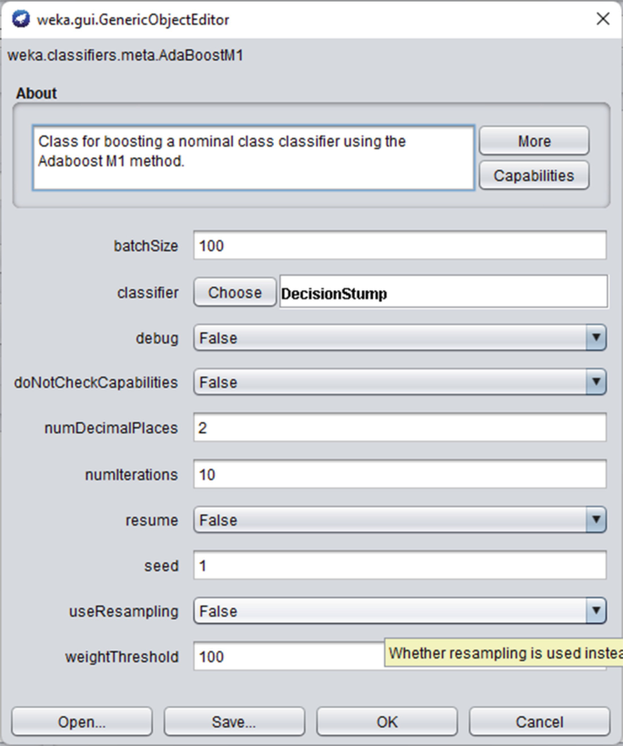 A screenshot of the Weka dot g u i generic object editor. A pop up notification on the weighted threshold, whether resampling is used instead reads 100.