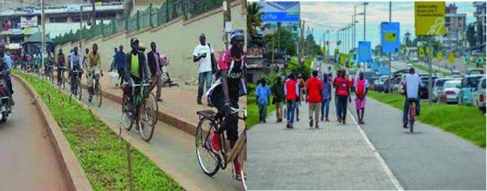 Two photographs depict separated cycle lanes and pedestrian walkways. These are some examples of dedicated spaces for N M T users.