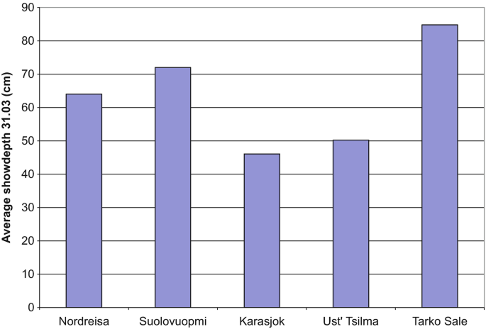 A bar graph of average snow depth in selected stations in Finnmark and Y N A O. The y-axis represents average snow depth in centimeters and the x-axis represents selected stations. Maximum depth is at Tarko Sale.