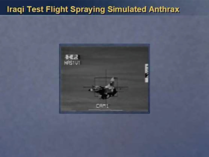 A screenshot titled Iraqi test flight spraying simulated anthrax displays an unmanned aerial vehicle.