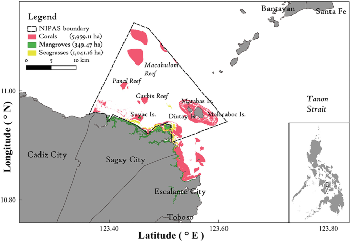 A map indicates the N I P A S boundary, corals, mangroves, seagrasses, Panal Reef, Carbin Reef, Macahulom, Sagay City, and more, along with their longitudes and latitudes. An inset on the lower right corner displays the island's location.