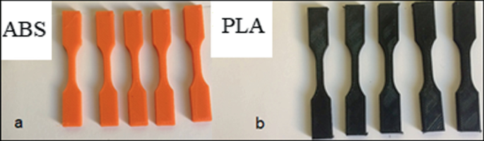 Two photographs depict the A B S and P L A specimens for a tensile test. They have a narrow neck part with broad shoulders on both sides.