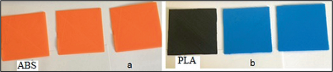 Two photographs depict three A B S specimens, two P L A specimens and a P L A plus specimen used in the absorption test.