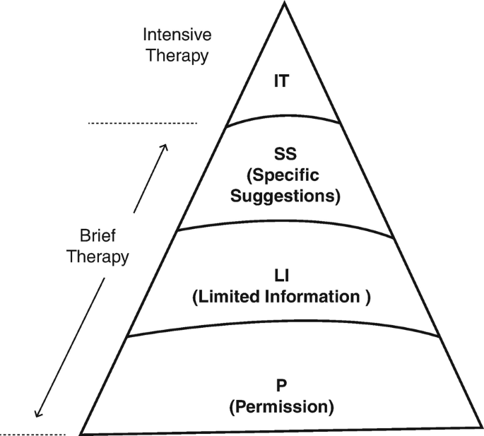 Four phases I T, S S, L I, and P are separated into a triangular diagram of the Plissit model, from top to bottom. The first part is identified as intensive therapy and the following three as brief therapy.