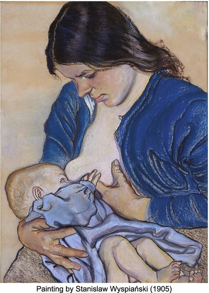 A painting of a woman who feeds a child.