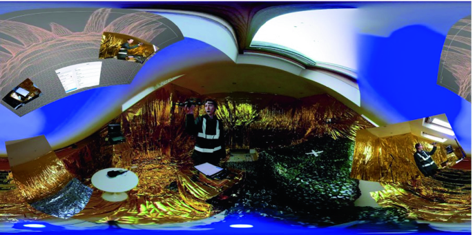 A collage of random photos of a woman holding a drone in a shiny room that is twisted and curved. The collage contains photos captured from different angles.