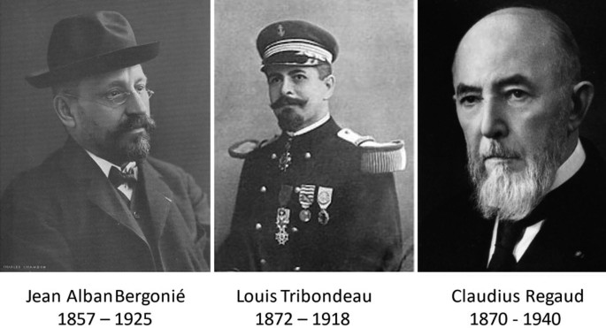 Three photographs of Jean Alban Bergonié, Louis Tribondeau, and Claudius Regaud.