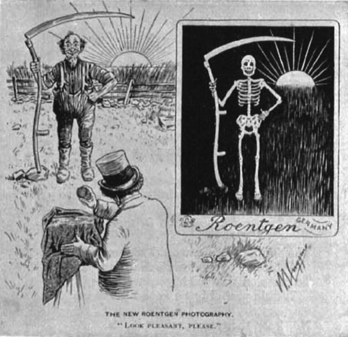 A poster titled The New Roentgen Photography. It features a photographer next to a camera covered with a black cloth. A smiling farmer holding a scythe stands in front of the camera, in front of a rising sun. An inset photograph features a skeleton holding a scythe.