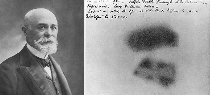 A photograph on the left of Henri Becquerel. An image on the right with 2 dark patches and handwritten text at the top.