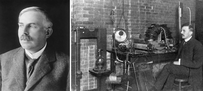 A photograph on the left of Ernest Rutherford. A photograph on the right of Rutherford sitting on a chair in the laboratory, next to an experimental setup.
