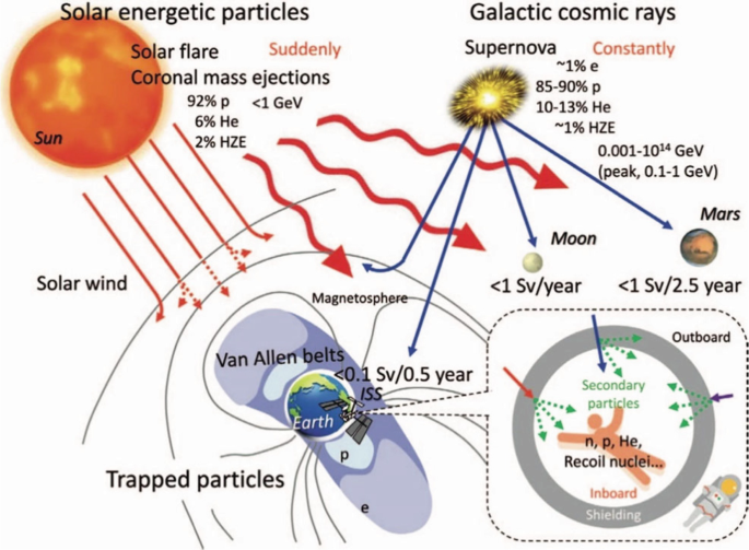 An illustration depicts the effect of solar energetic particles, galactic cosmic rays, solar wind, magnetosphere, Van Allen belt, trapped and secondary particles on a spacecraft and an astronaut.