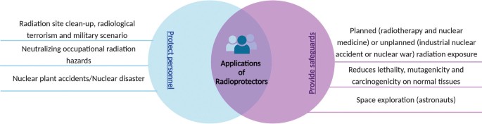 An illustration of the applications of radioprotectors. The two major applications are protecting personnel and providing safeguards. The different ways for protecting personnel and providing safeguards are listed.