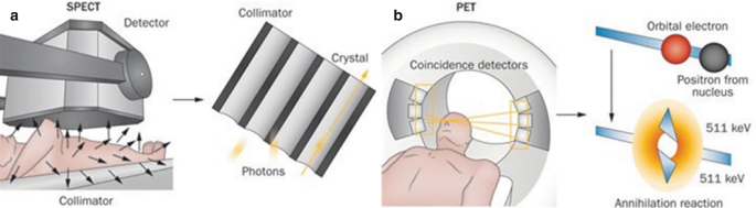2 models explain the SPECT and PET concepts for diagnostic purposes. a. SPECT uses a detector and collimator made of photons and crystals. PET uses coincidence detectors based on the annihilation reaction of orbital electrons and positrons in the nucleus.