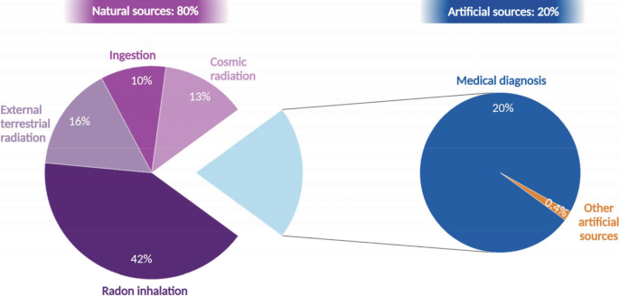 A pie chart provides the proportion of 80% natural and 20% artificial sources. The given data for the natural source are as follows. Radon inhalation, 42%. External terrestrial radiation, 16%. Cosmic radiation, 13%. Ingestion, 10%. The artificial data includes medical diagnosis, 20% and other, 0.4%.