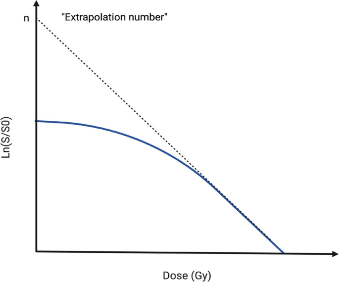 A concave down, decreasing curve graph of L n of S by S 0 versus dose of G y, and the dashed line extrapolation number.