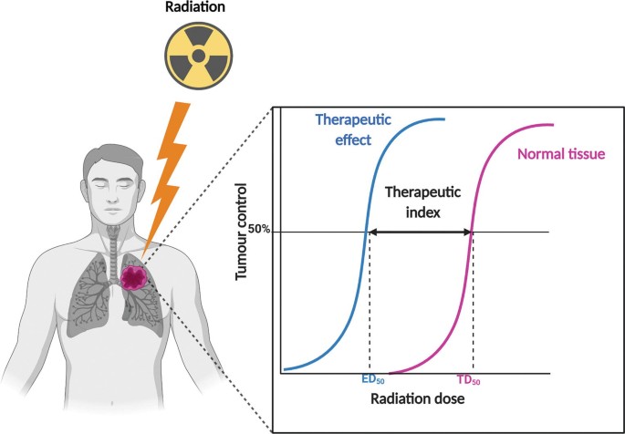 A schematic diagram of tumor control versus radiation dose. The therapeutic effect and normal tissue are in an upward trend, with the therapeutic index at 50% of tumor control.