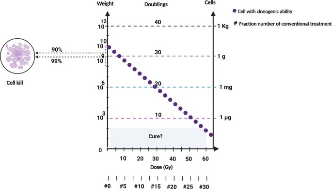 A graph represents cell kill versus dose in gray. The plotted data, the cell with clonogenic ability has a downward trend.