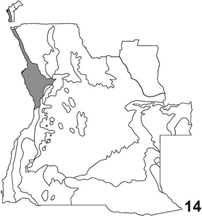 A map of ecoregions in which coastal arid savannas are shown as shaded regions.