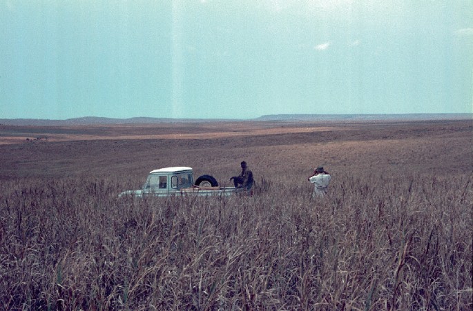 A photograph of welwitschii grassland. A man sits in the parked jeep and another man clicks a picture in his camera.