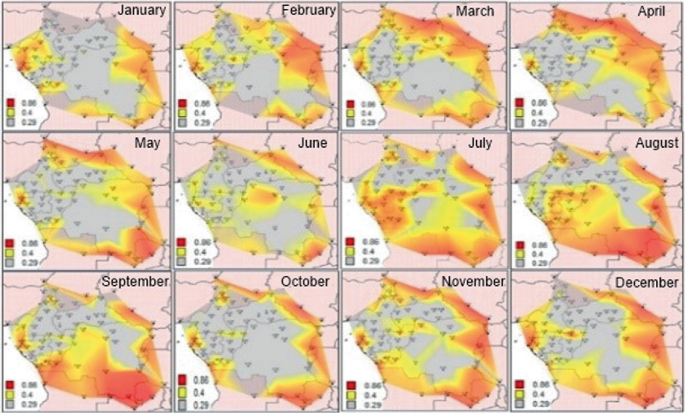 An image with the twelve maps of the same region. It depicts various legend patterns for the months of January through December.