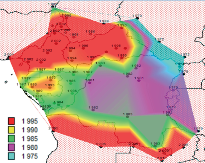 A map of a specific area. It illustrates the variation in the climate with the help of the different colored legends for 1975, 1980, 1985, 1990, and 1995.