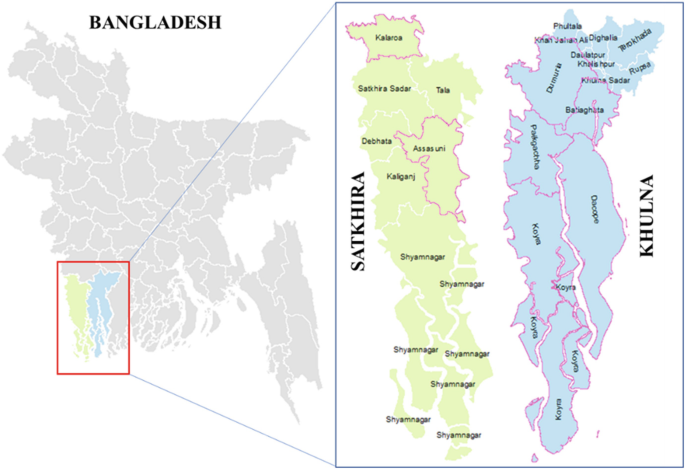 A map of Bangladesh depicts the study of Khulna and Satkhira. The label areas of Khulna include Kalaroa, Tala, Kalganj, and Shyam Nagar. The label areas of Satkhira include Dumuru, Koyra, and Dighalia.