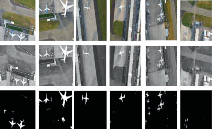 A grid of 6 by 3, 18 images of 6 satellite R G B images, 6 grayscale images, and 6 masked images.