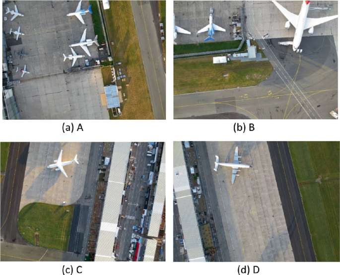 Four photos of the airplanes in the airport for the test cases with R G B images labeled A, B, C, and D.