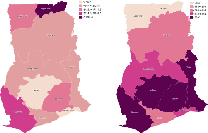 2 maps of South Africa. The first map has public health facilities with the highest in the upper East and the lowest in the Ashanti and Greater Accra regions. The second map has private health care with the highest in the western, Ashanti, Eastern, and Volta. The lowest is in the upper east and west.