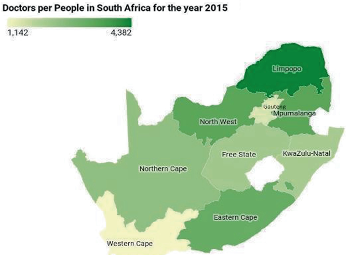 A map of South Africa depicts the distribution of doctors per person, with values on the color spectrum ranging from 1,142 at the lowest end, and 4,382 at the highest end. Western Cape and Gauteng record the lowest, and Limpopo records the highest.