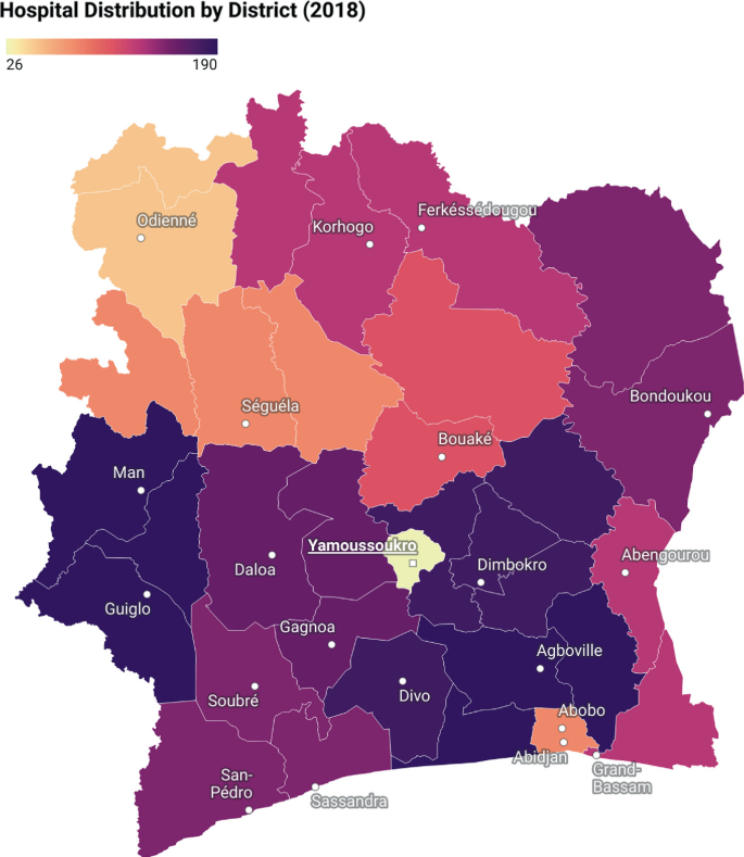 A map of Cote d Ivoire with districts Odienne, Korhogo, Seguela, Man, Guiglo, Daloa, Gagnoa, Ferkessedougou, and others. Areas are color-coded in the intensity of greater darkness for greater hospital distribution by the district for 2018.