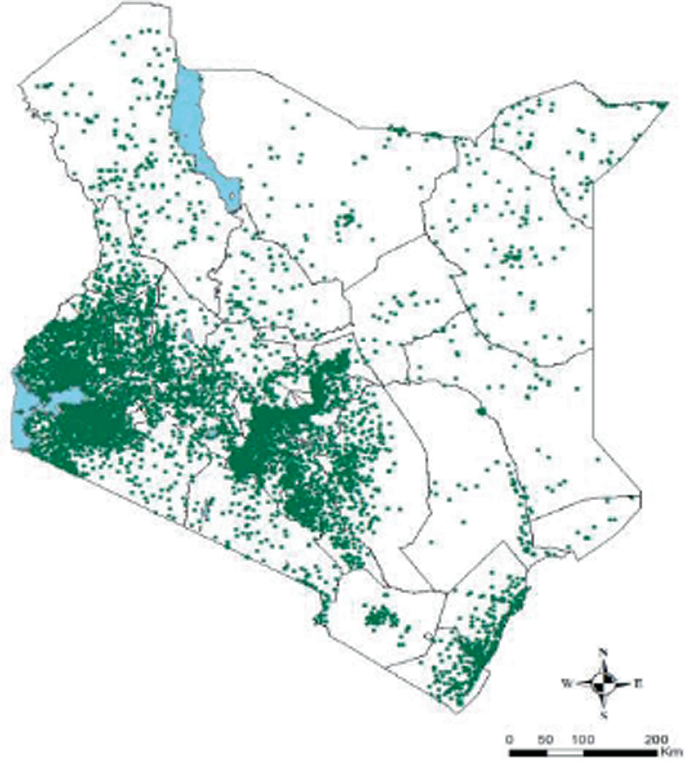 An outline map of Kenya presents the distribution of health facilities in Ghana with dots. It has the Ashanti region as the majority, followed by the Greater Accra, eastern regions, and lowest in the northern regions.