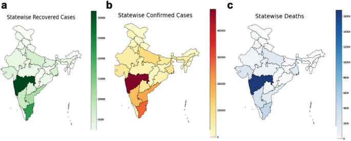 Three maps of India represent the data of state-wise recovered cases, confirmed cases, and deaths from COVID-19. The maps indicate that Maharashtra has the highest number of cases and deaths among all the states.