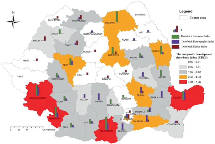 A political map of Romania depicts a composite development drawback index with three differentiated drawbacks into an economic index, a demographic index, and an ethical index. It mentions some areas where values are mentioned.