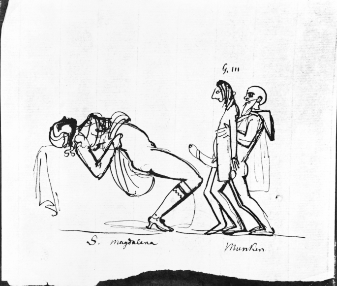The sketch of prince and Sophia attempt to have an heir. The third person behind the prince is Munck, he helped the king and queen in sexual intercourse.