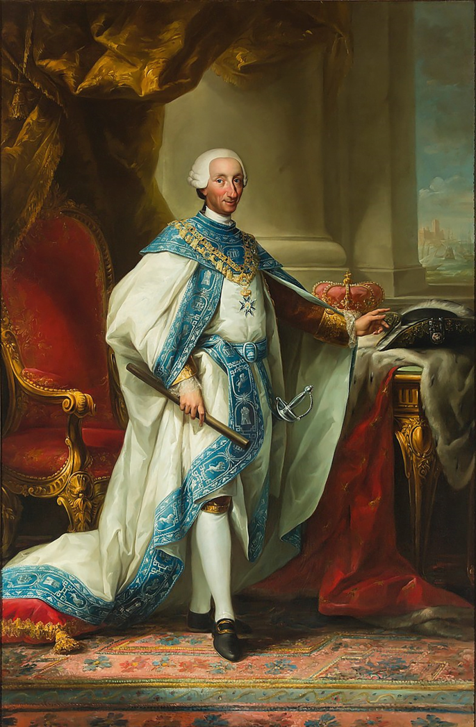 A portrait of King Charles III of Spain. He wields a sword.