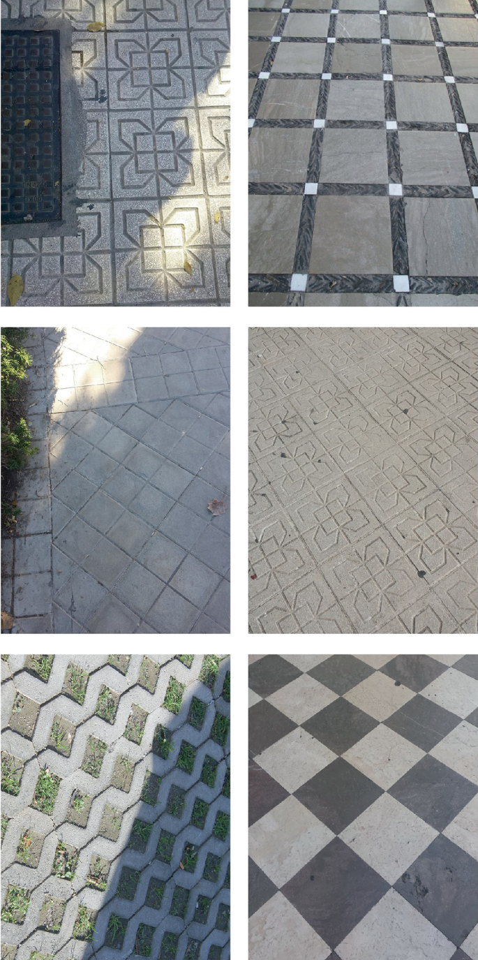 Six photographs of different floor designs. It includes cement, tiles, and marble floor design.